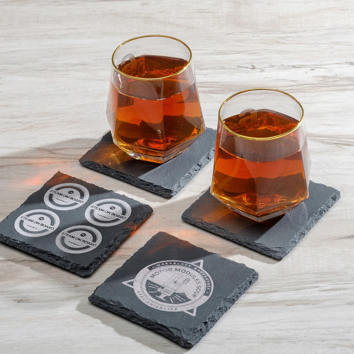 Laser-engraved natural slate coaster, design reference example