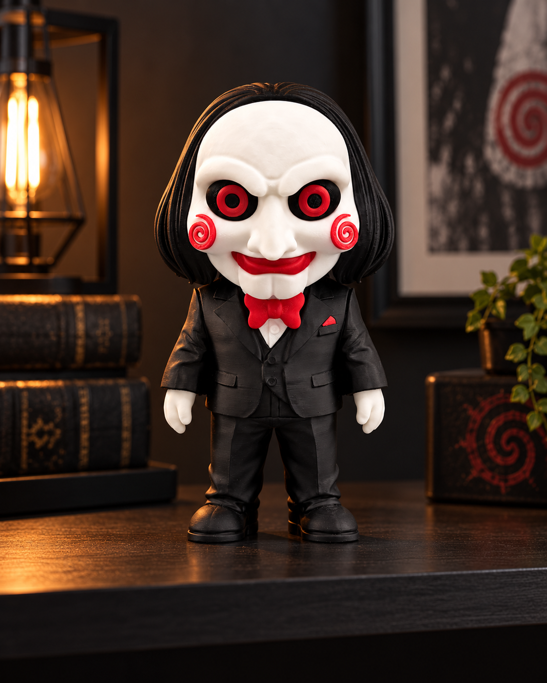 Jigsaw 3D printed figure in cinematic display setting (illustration)
