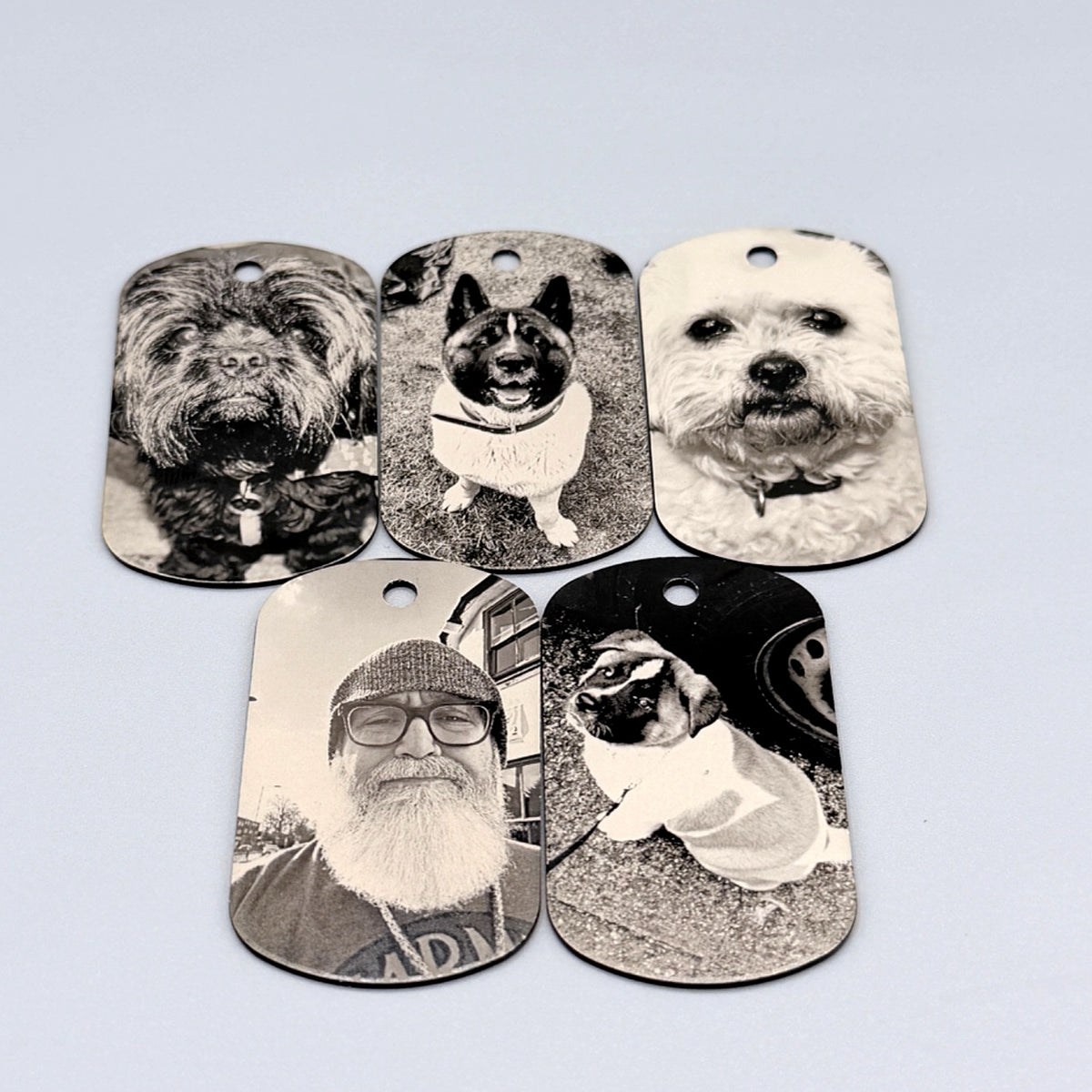 Custom black aluminium laser engraved photo keyrings