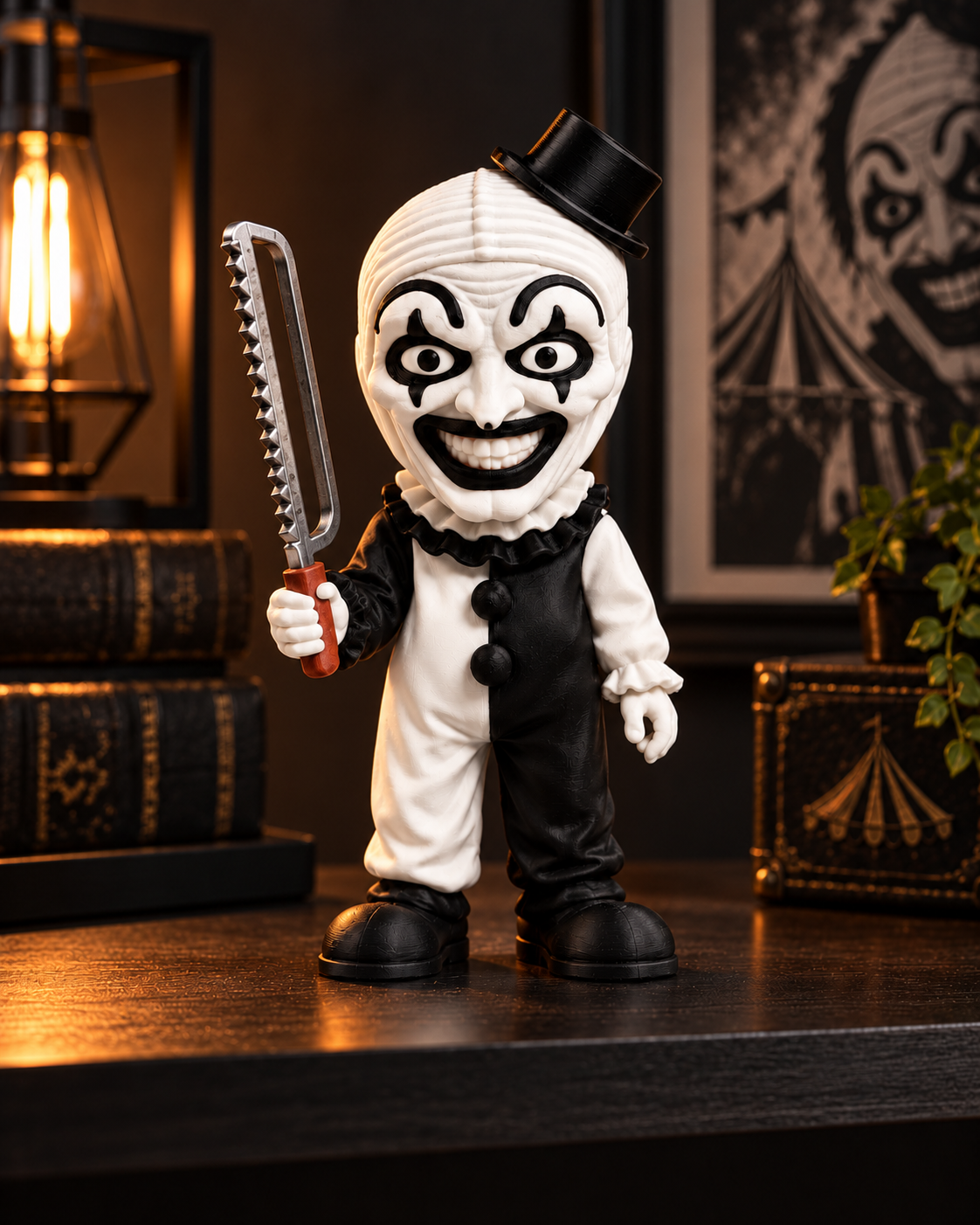 Art the Clown horror figure, cinematic illustrative display image