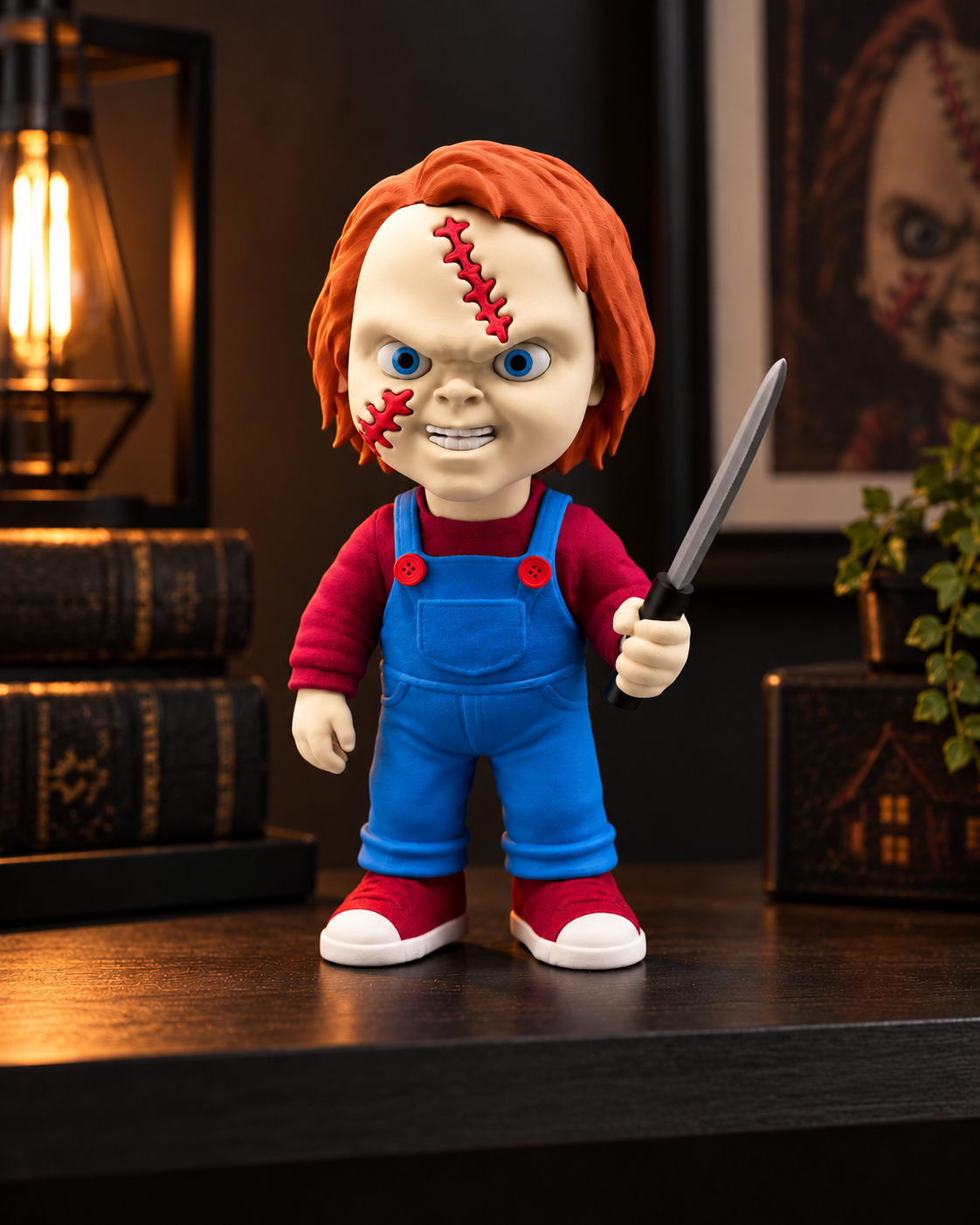 Chucky 3D printed figure in cinematic display setting (illustration)