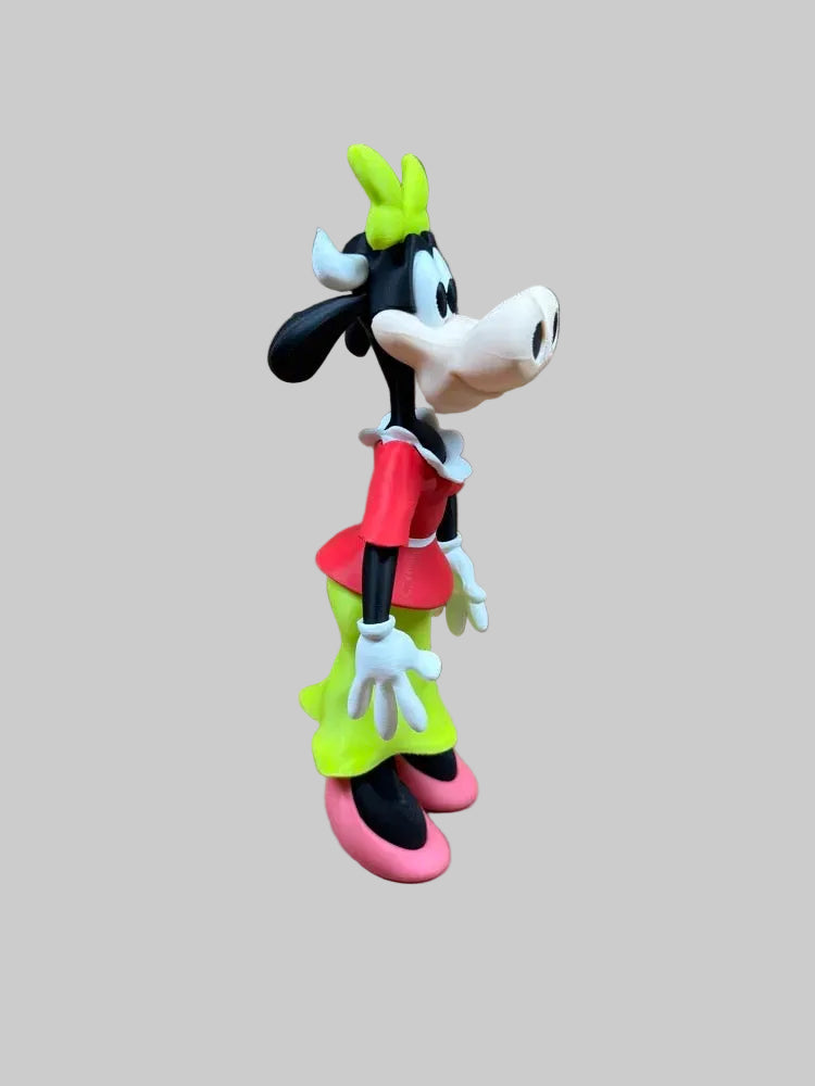 Clarabelle – single 3D printed cow figure in red outfit with lime bow