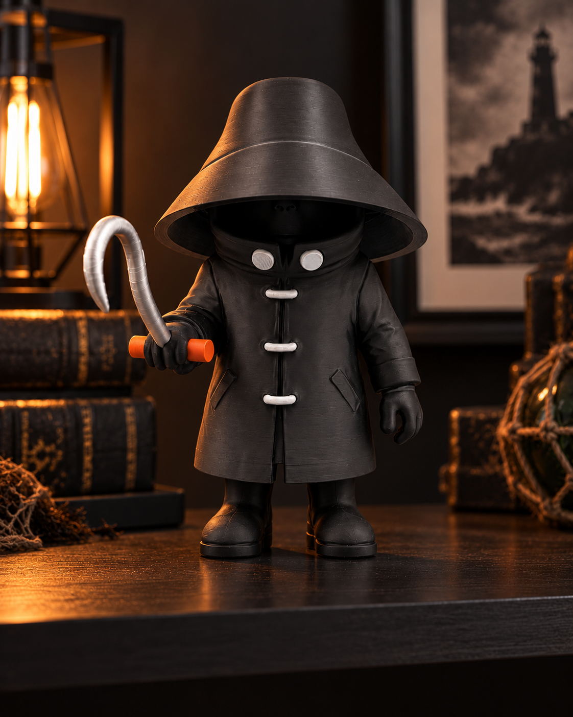 Fisherman 3D printed figure in cinematic display setting (illustration)