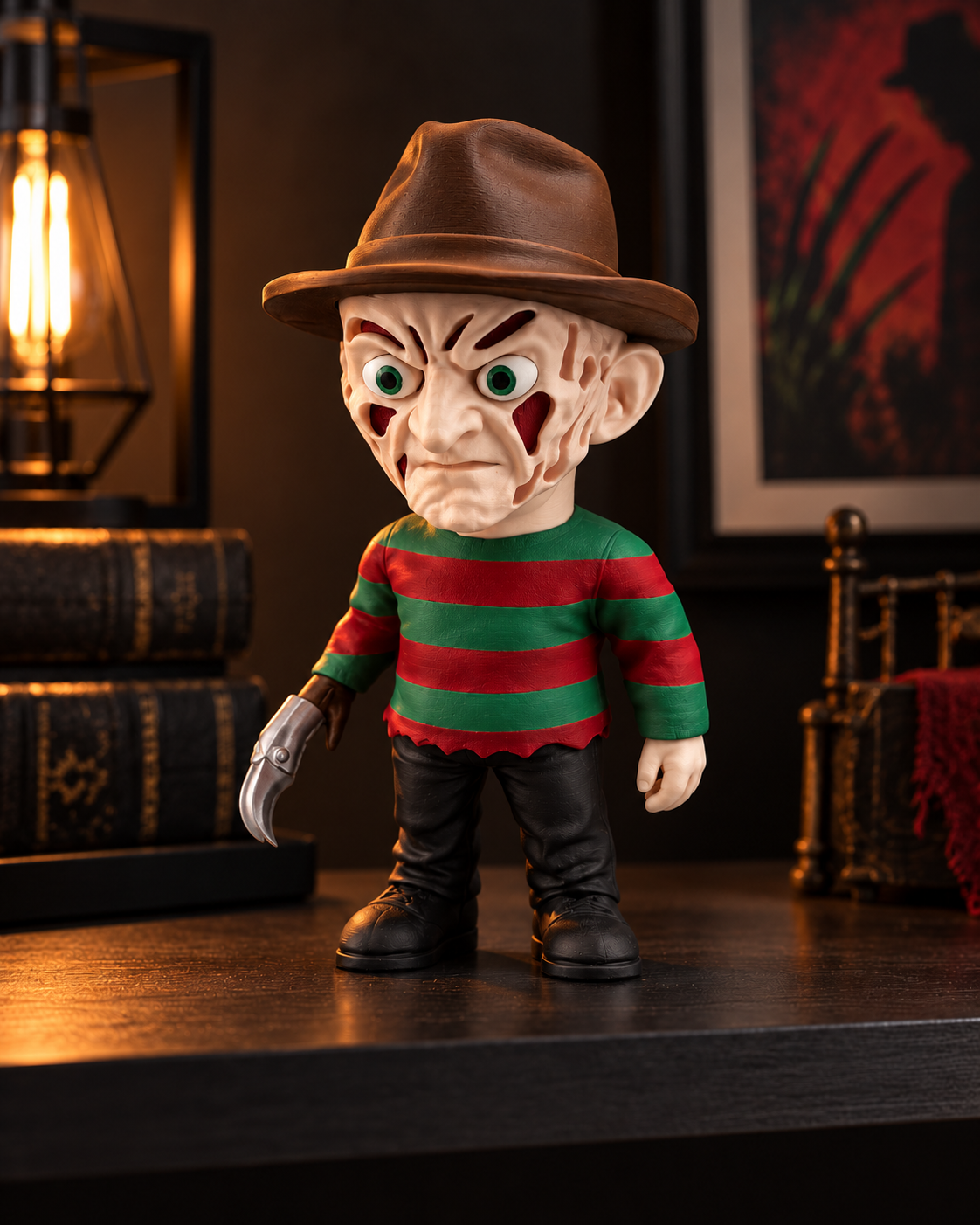 Freddy Krueger 3D printed figure in cinematic display setting (illustration)