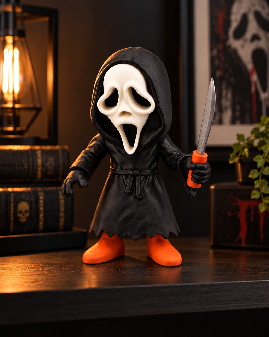 Ghostface 3D printed figure in cinematic display setting (illustration)