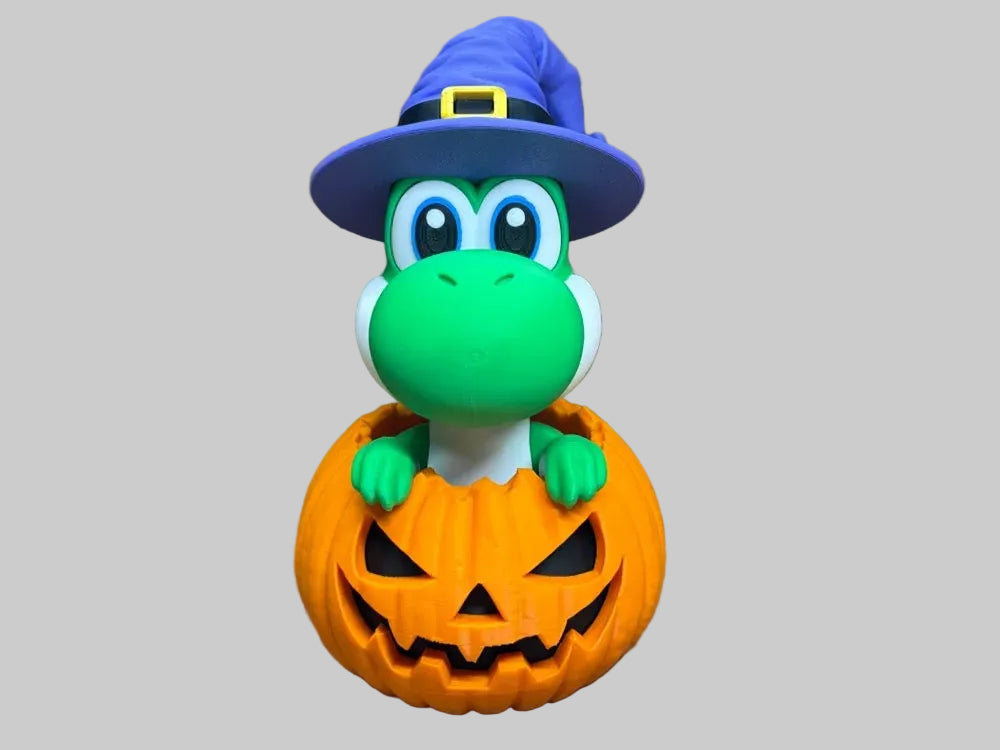 Halloween Yoshi in Pumpkin – green Yoshi wearing a witch hat in an orange Halloween pumpkin