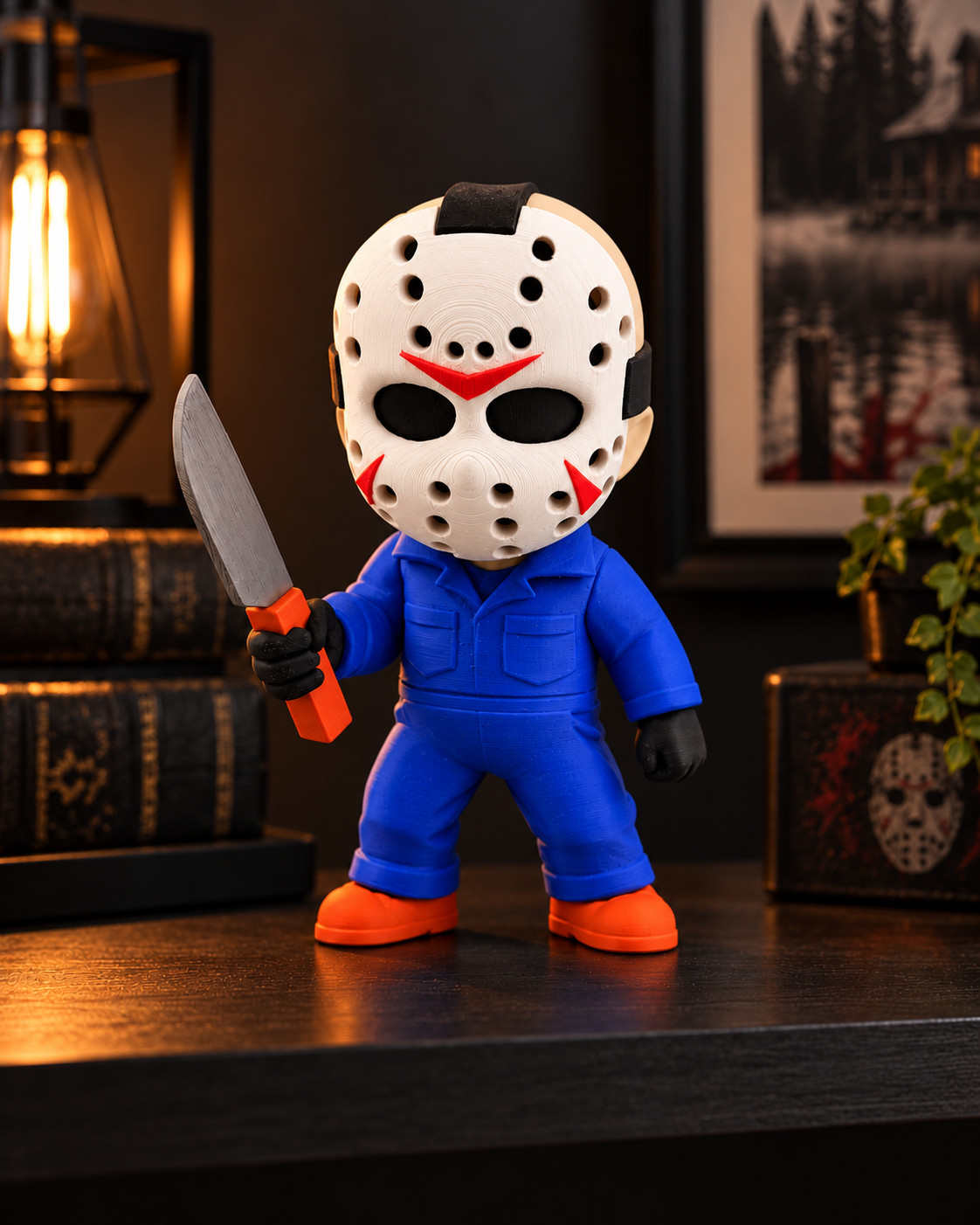 Jason Voorhees 3D printed figure in cinematic display setting (illustration)