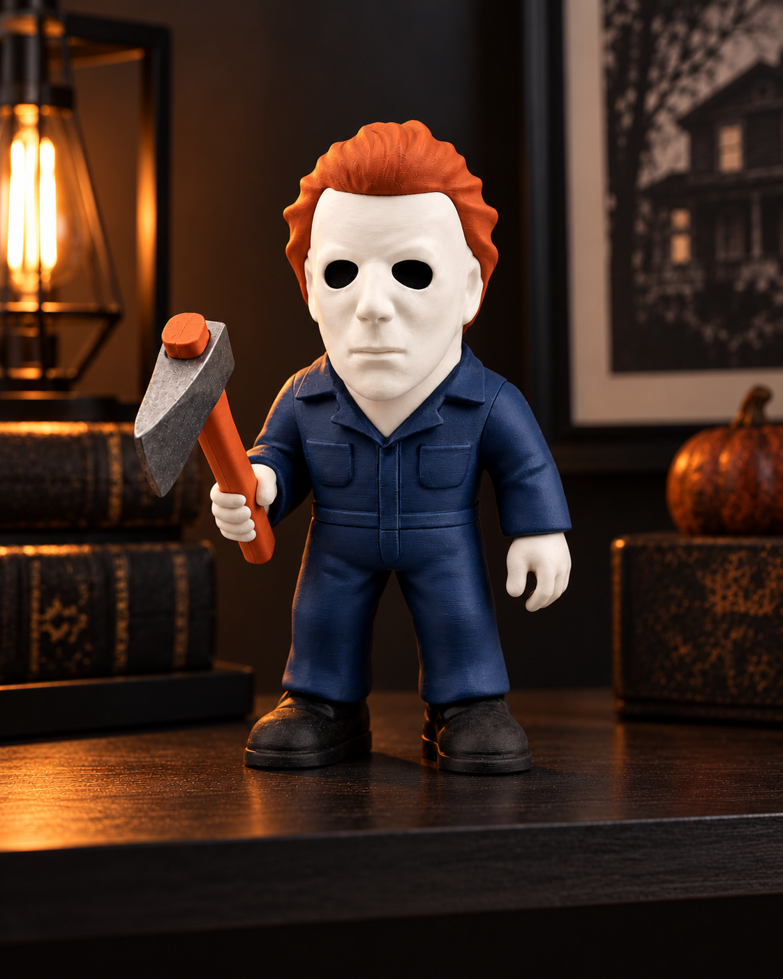 Michael Myers 3D printed figure in cinematic display setting (illustration)