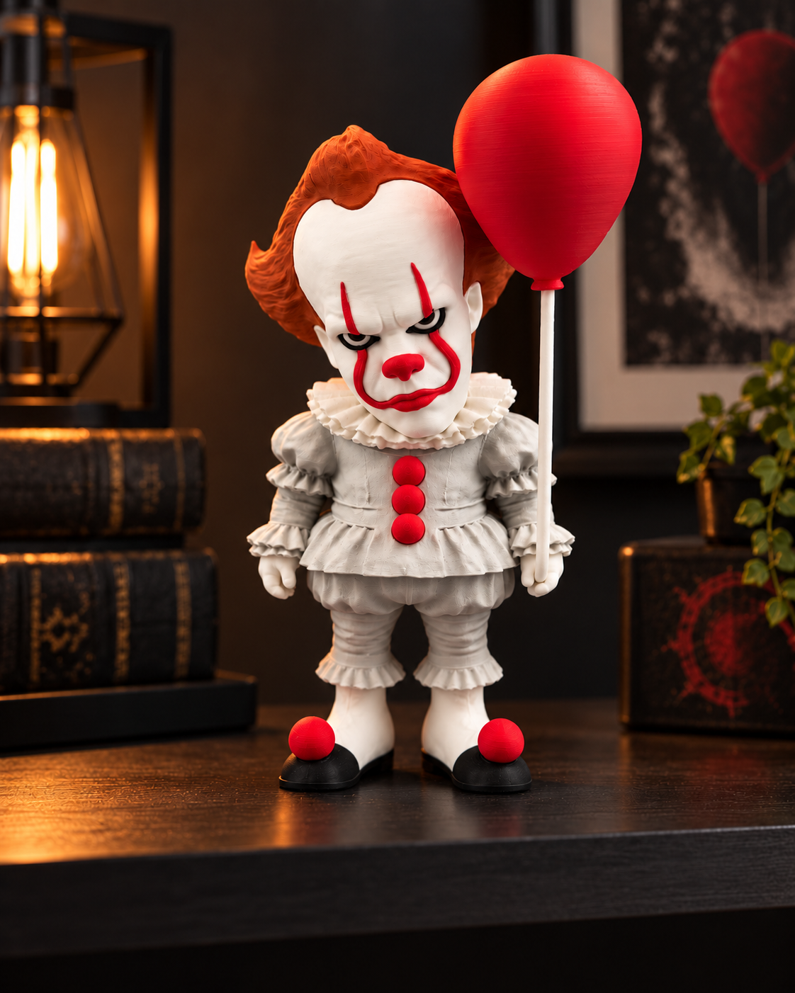 Pennywise 3D printed figure in cinematic display setting (illustration)