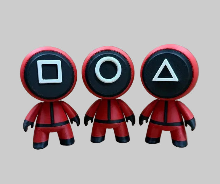 Squid Game Guard Set of 3 – three red guards with square, circle and triangle masks included together