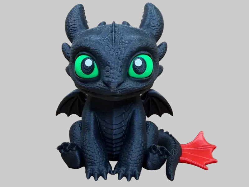 Toothless Dragon – black 3D printed dragon figure with green eyes, 13.5 cm tall